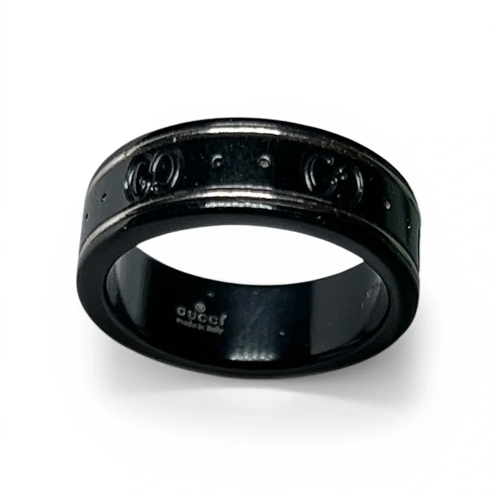 Gucci Icon 18K White Gold and Black Enamel Double G Logo Band